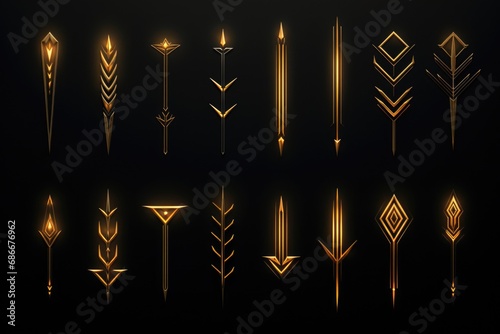 A set of golden arrows on a black background. Perfect for adding a touch of elegance and sophistication to any design. Ideal for use in presentations, websites, and graphic design projects.