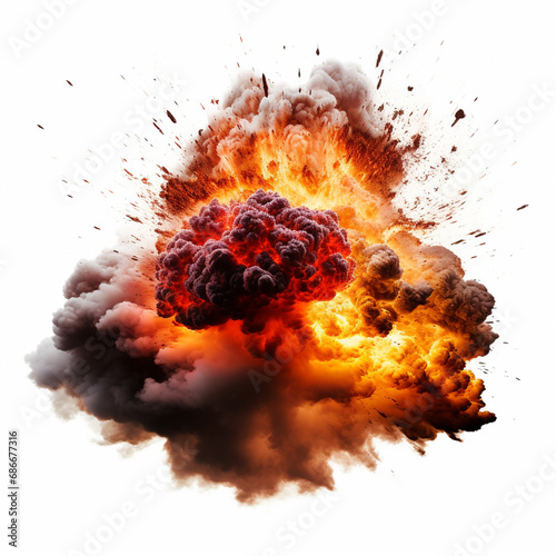 An explosion with fire in the center and smoke around the edge, isolated, ai technology