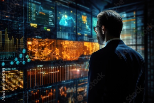 A man stands in front of a wall of data. This image can be used to represent concepts such as technology, big data, information overload, cybersecurity, or data analysis.