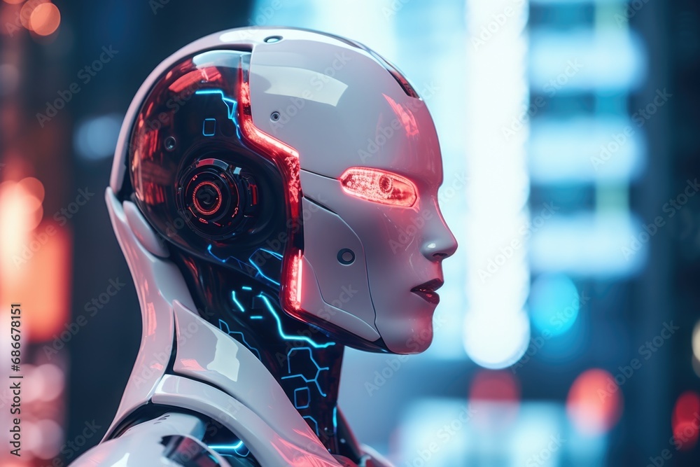 A detailed close-up view of a robot's head featuring red and blue lights. This image can be used to depict futuristic technology, artificial intelligence, or robotics in various contexts. A detailed close-up view of a robot's head featuring red and blue lights. This image can be used to depict futuristic technology, artificial intelligence, or robotics in various contexts.