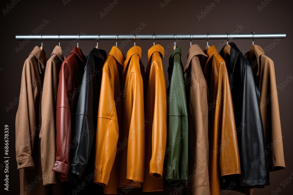A row of leather jackets hanging on a rail. Perfect for fashion or retail industry advertisements.