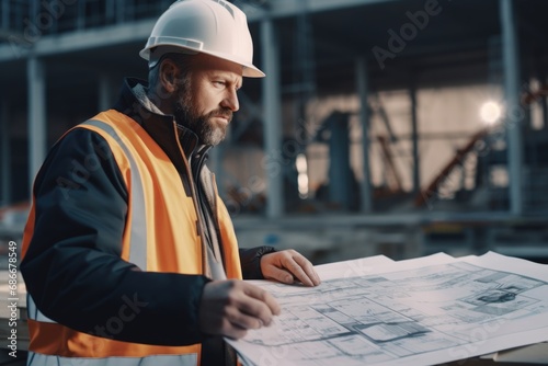 A man wearing a hard hat holds a blueprint in his hands. This image can be used to represent construction, engineering, or architectural projects.
