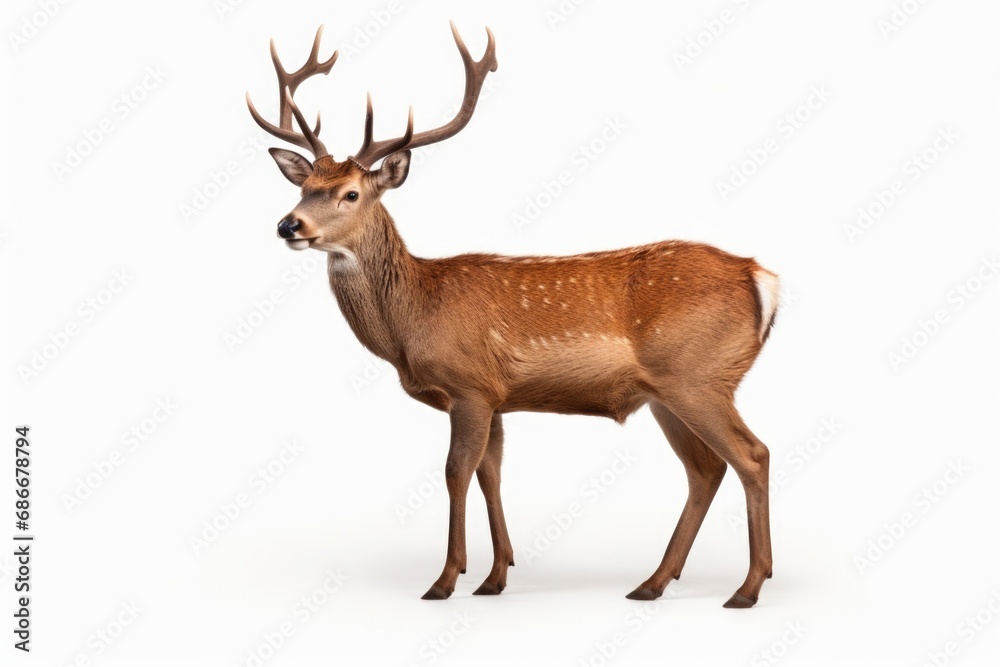 A deer with antlers standing on a white surface. This image can be used for various purposes.