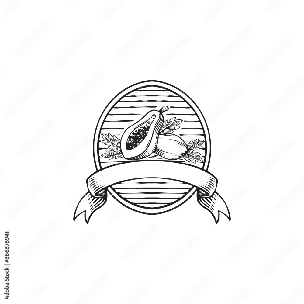 papaya engraving vector hand drawn
