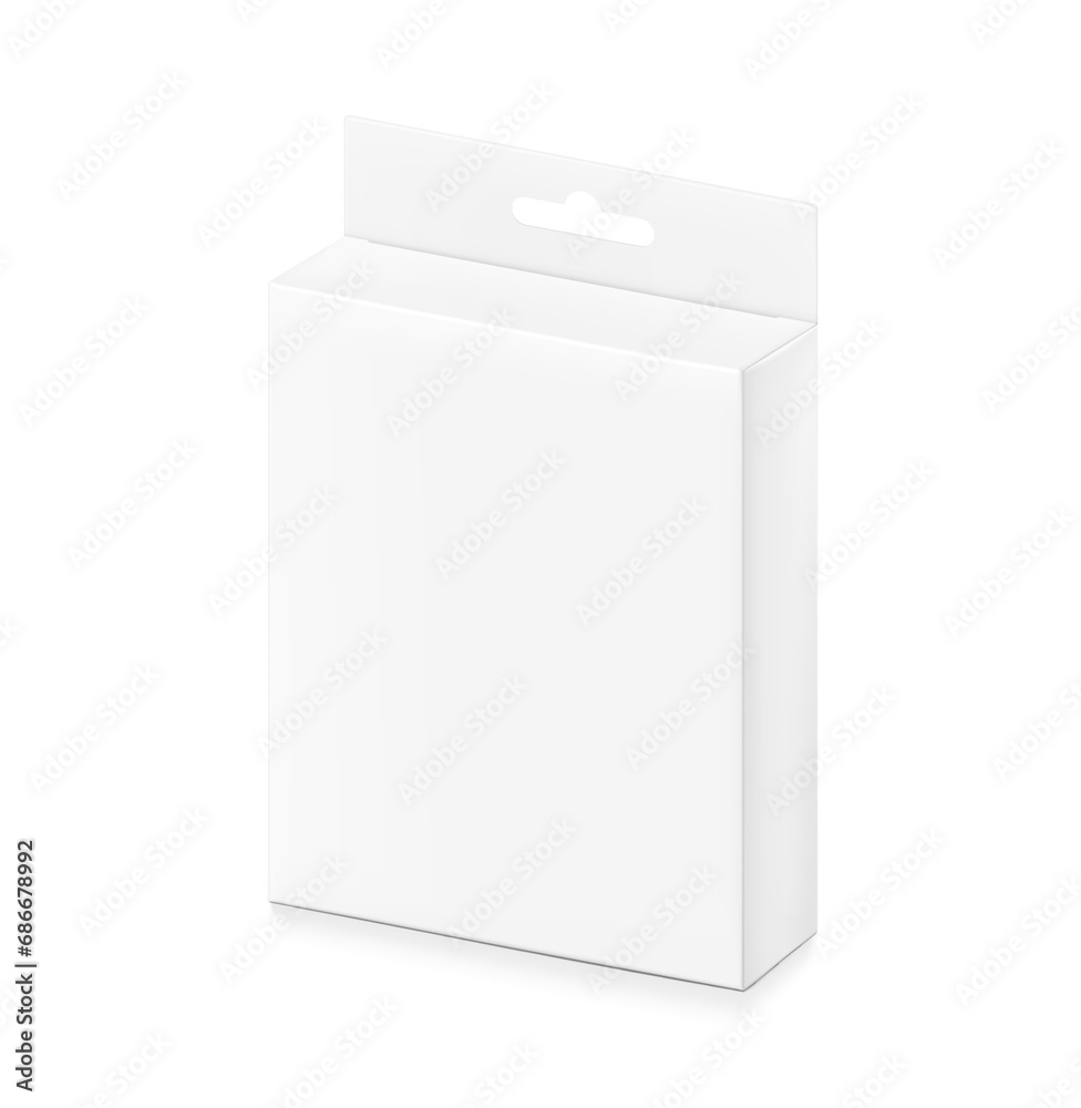 White package box with hang slot mockup for electronic and mobile accessories, medicame. Half side view. Vector illustration isolated on white background. Ready and simple to use for your design.EPS10 White package box with hang slot mockup for electronic and mobile accessories, medicame. Half side view. Vector illustration isolated on white background. Ready and simple to use for your design.EPS10