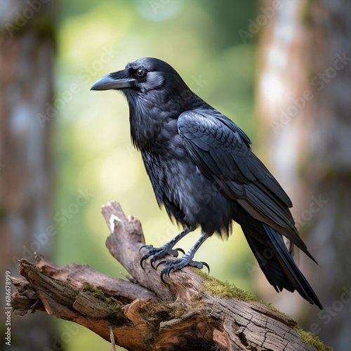 Black raven on tree blurred background closeup, ai technology