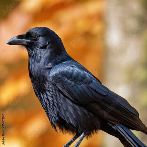 Black raven on tree blurred background closeup  ai technology