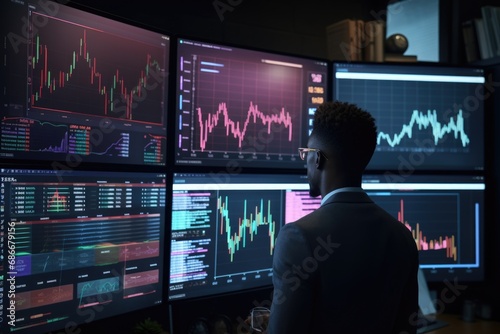 A man sitting in front of three computer screens, multitasking and working on multiple projects. 