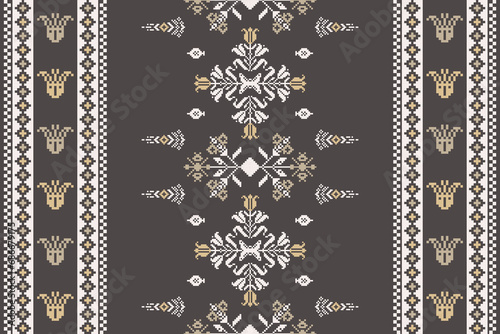 Abstract ethnic pixel border pattern flower. Aztec fabric boho mandalas India sari border design textile wallpaper. Tribal native motif African American saree borders Saree embroidery vector 