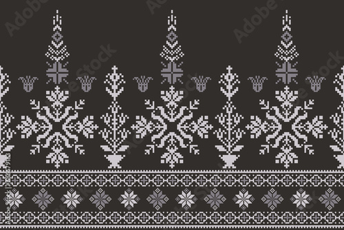 Abstract ethnic pixel border pattern flower. Aztec fabric boho mandalas India sari border design textile wallpaper. Tribal native motif African American saree borders Saree embroidery vector 