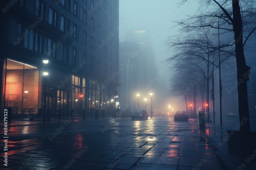 A city street illuminated by streetlights and covered in a thick fog. A city street illuminated by streetlights and covered in a thick fog.