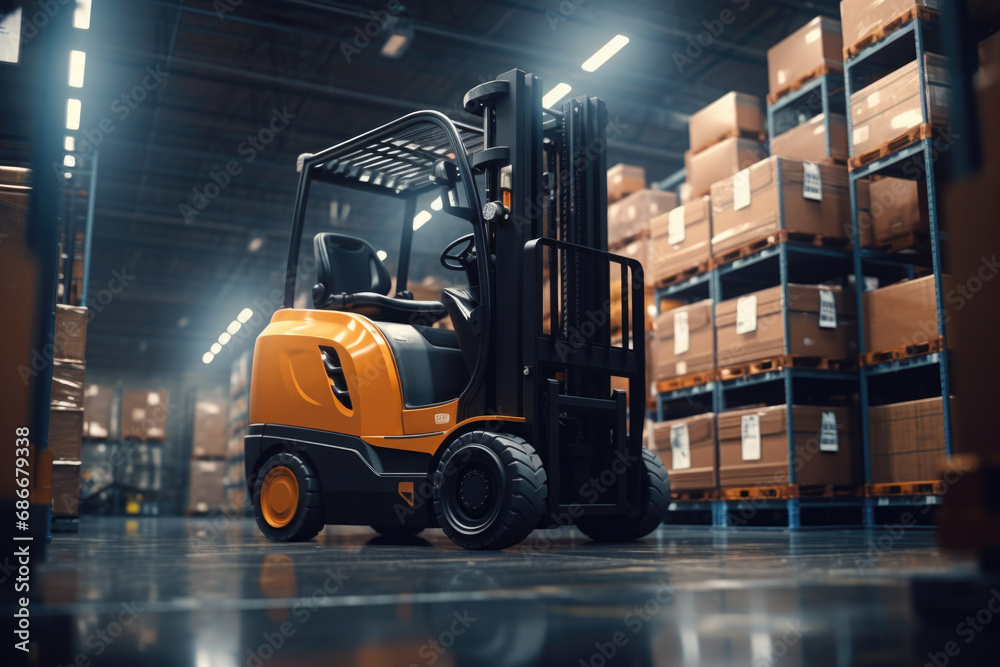A parked forklift truck in a warehouse. Suitable for industrial and logistics concepts. A parked forklift truck in a warehouse. Suitable for industrial and logistics concepts.