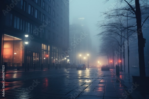 A city street illuminated by streetlights and covered in a thick fog. 
