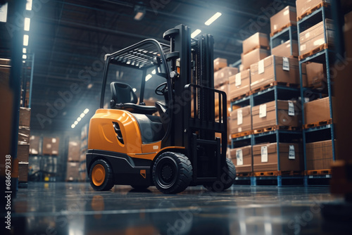A parked forklift truck in a warehouse. Suitable for industrial and logistics concepts.