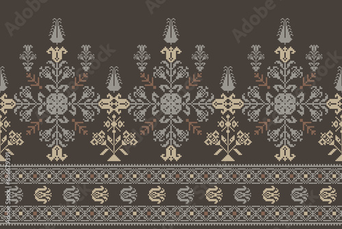 Abstract ethnic pixel border pattern flower. Aztec fabric boho mandalas India sari border design textile wallpaper. Tribal native motif African American saree borders Saree embroidery vector 