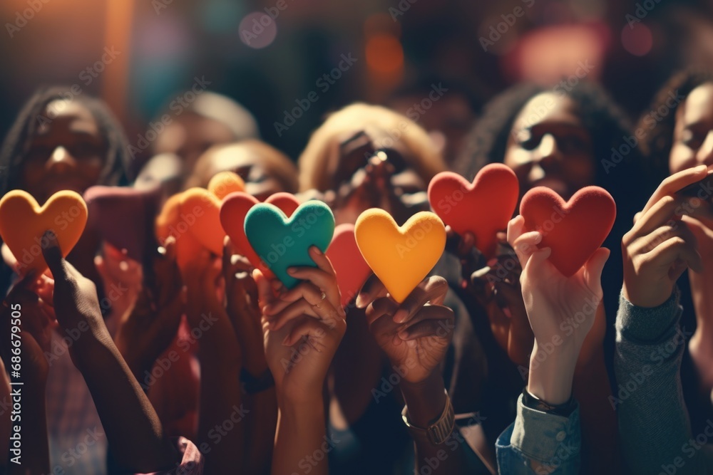 A group of people holding up colorful hearts. Perfect for expressing love and unity. Ideal for Valentine's Day, pride events, or any occasion celebrating love - obrazy, fototapety, plakaty 