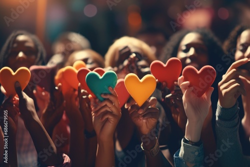 A group of people holding up colorful hearts. Perfect for expressing love and unity. Ideal for Valentine's Day, pride events, or any occasion celebrating love photo