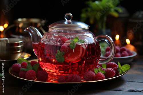 Raspberry tea in a glass teapot on a dark background