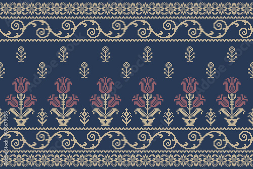 Abstract ethnic pixel border pattern flower. Aztec fabric boho mandalas India sari border design textile wallpaper. Tribal native motif African American saree borders Saree embroidery vector 