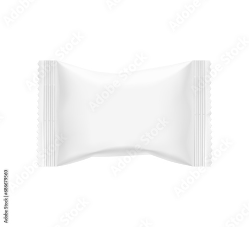 Realistic flow pack mockups. Flat lay view. Vector illustration on white background. Easy to use for presentation your product, idea, design. EPS10.