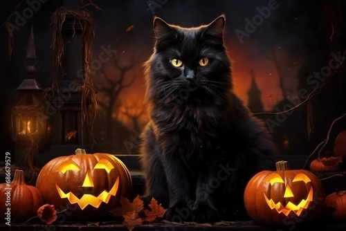 A black cat sitting in front of pumpkins. Perfect for Halloween decorations and spooky-themed designs © Ева Поликарпова