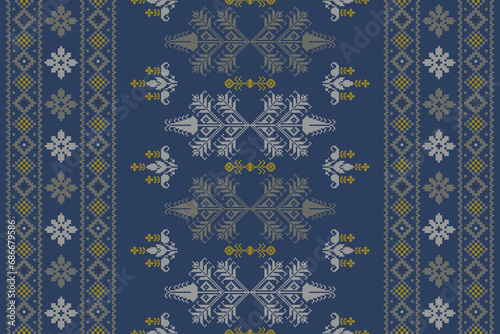 Abstract ethnic pixel border pattern flower. Aztec fabric boho mandalas India sari border design textile wallpaper. Tribal native motif African American saree borders Saree embroidery vector 