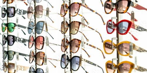 Salalalah, Oman -November 11.2023 :Display rack full of various sunglasses. photo