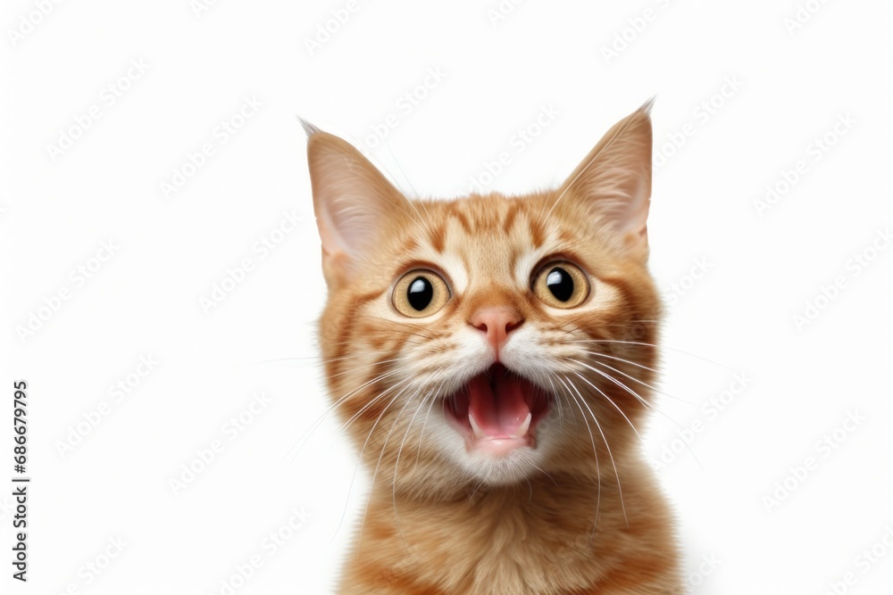 A close-up image of a cat with its mouth open, showing its teeth. 