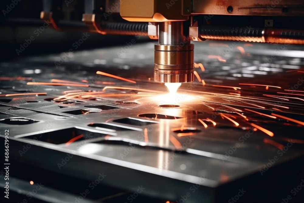 A detailed close up of a machine cutting metal. This image can be used to illustrate industrial processes or manufacturing techniques