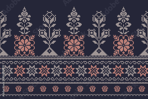 Abstract ethnic pixel border pattern flower. Aztec fabric boho mandalas India sari border design textile wallpaper. Tribal native motif African American saree borders Saree embroidery vector 