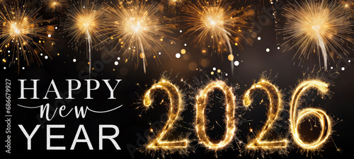 Silvester 2026 Happy New year New Year's Eve Party background banner greeting card illustration with text- Gold firework fireworks on dark black night sky