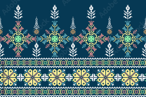 Abstract ethnic pixel border pattern flower. Aztec fabric boho mandalas India sari border design textile wallpaper. Tribal native motif African American saree borders Saree embroidery vector 