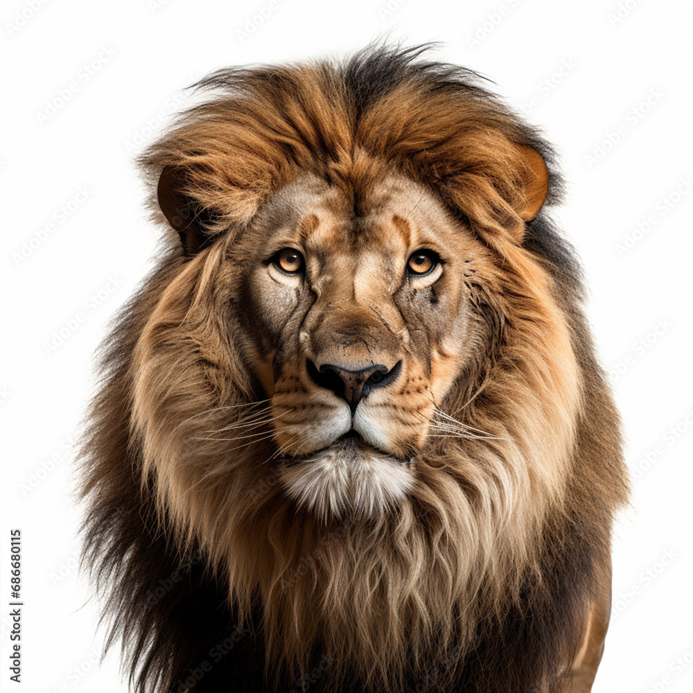 Closeup lion with an aggressive look on white background, ai technology