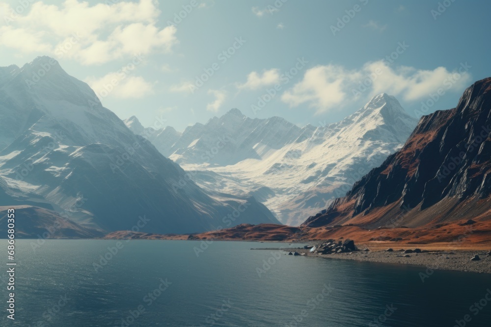A scenic view of a mountain in the background with a peaceful body of water in the foreground. This image can be used to depict natural landscapes, travel destinations, or peaceful retreats A scenic view of a mountain in the background with a peaceful body of water in the foreground. This image can be used to depict natural landscapes, travel destinations, or peaceful retreats