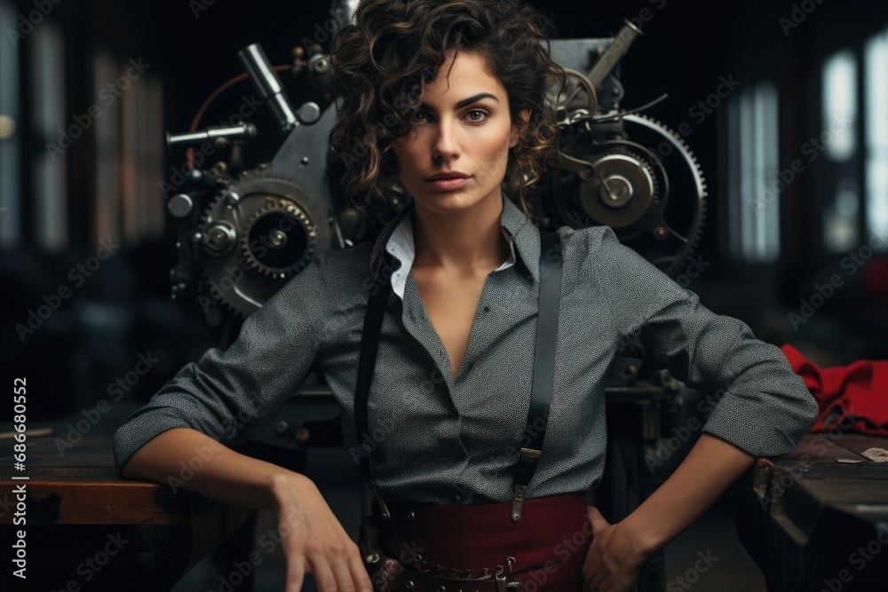 A woman is pictured sitting at a table with a machine behind her. This image can be used to depict a variety of scenarios involving work, technology, or productivity A woman is pictured sitting at a table with a machine behind her. This image can be used to depict a variety of scenarios involving work, technology, or productivity