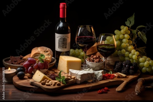 A delectable spread of cheeses, fruits and bread paired with a bottle of the Greek red wine, Xinomavro