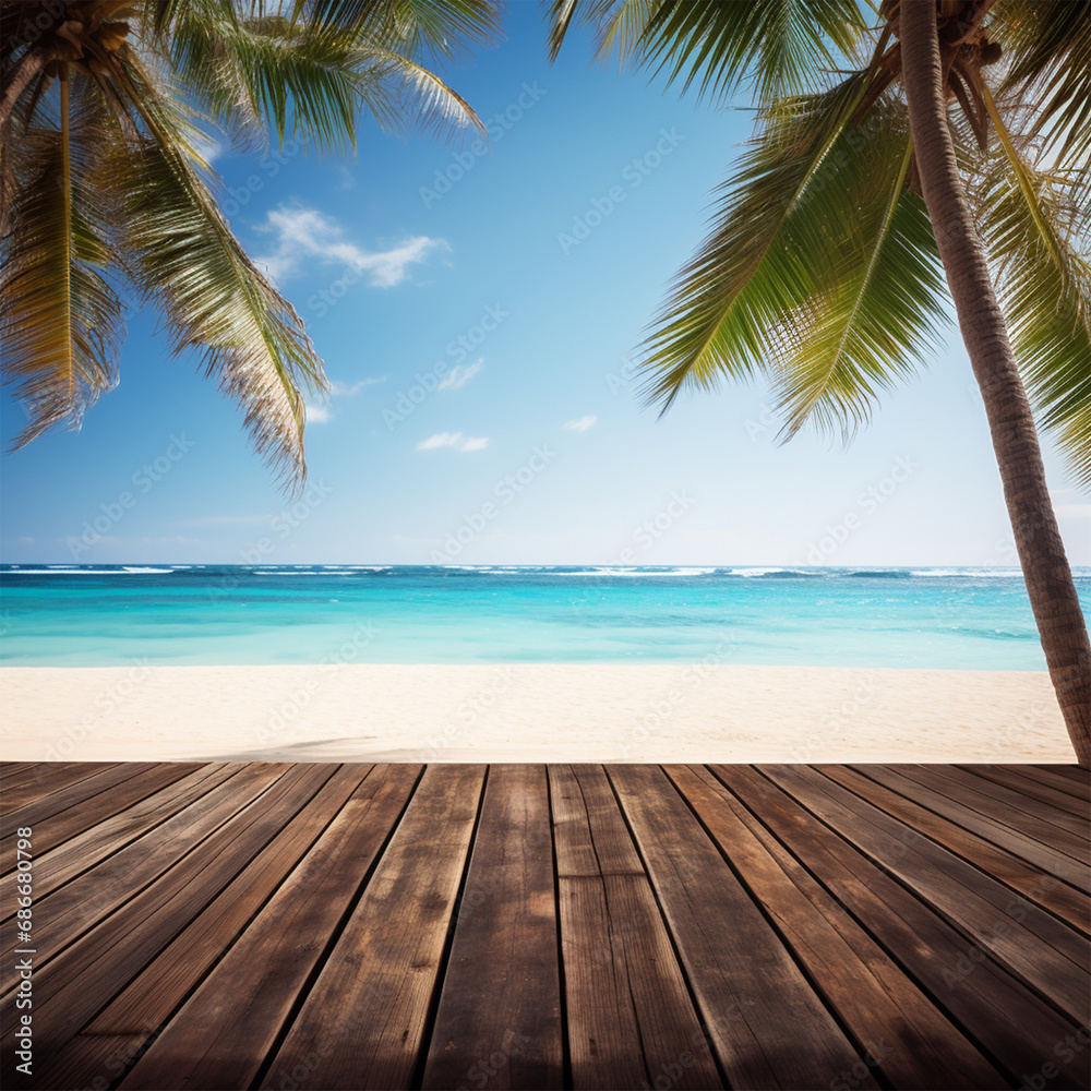 Empty wooden table with tropical beach theme in background, ai technology