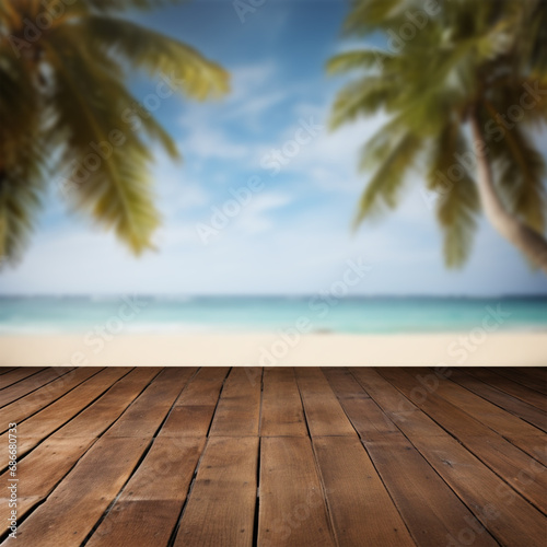 Empty wooden table with tropical beach theme in background, ai technology © Rashid