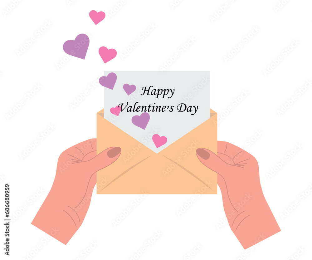 Female hands hold an envelope with a letter for Valentine's Day, the letter is decorated with hearts of different sizes and colors. Love concept. Female hands hold an envelope with a letter for Valentine's Day, the letter is decorated with hearts of different sizes and colors. Love concept.