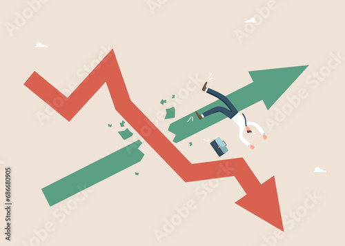 Financial difficulties, decrease in value of business or company shares, stock market crash, economic crisis, business failure and loss of cash, lose investments, falling arrow destroys rising arrow.