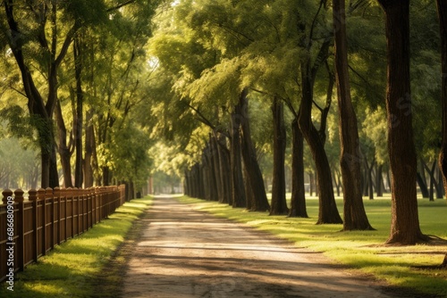 Alley road in the park, fence and tall trees
