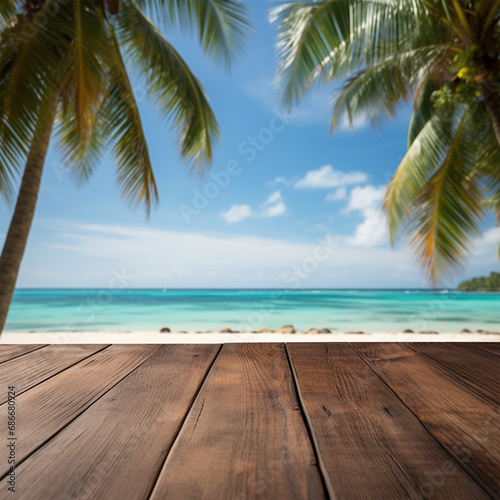 Empty wooden table with tropical beach theme in background  ai technology