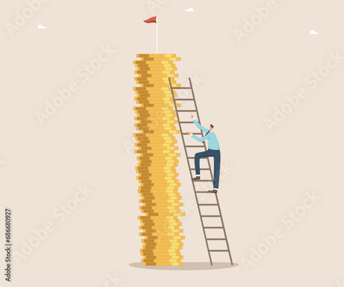 Increasing income and wages, financial growth, improving the economy, profitability of the investment portfolio, promoting business to a new level, man climbs a ladder to the top of a stack of coins.
