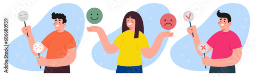 User experience illustration set. People characters leave positive feedback about quality of a product or service. High customer ratings, positive emotions, evaluation rank. Survey and voting concept.