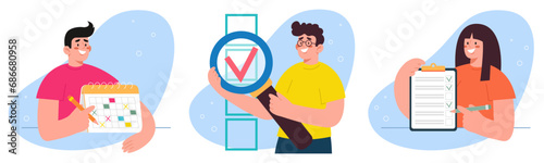 Time management and business scheduling illustration set. People characters successful completion of tasks or assignments. Follow work schedule concept. Organizing and adherence to calendar schedule.