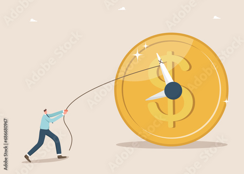 Time is money, long-term return on investment, pension fund concept, interest income from investments or deposits, time to receive money, hourly wages, man pulling clock hands on a coin. 