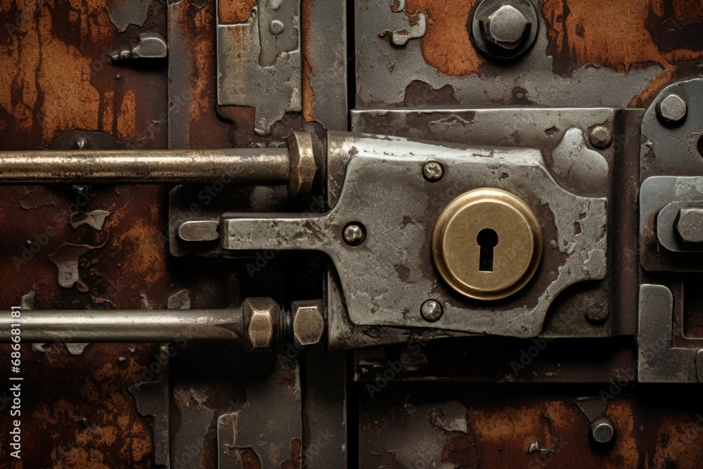 A detailed close-up shot of a lock on a metal door. This image can be used to depict security, access control, or locked spaces