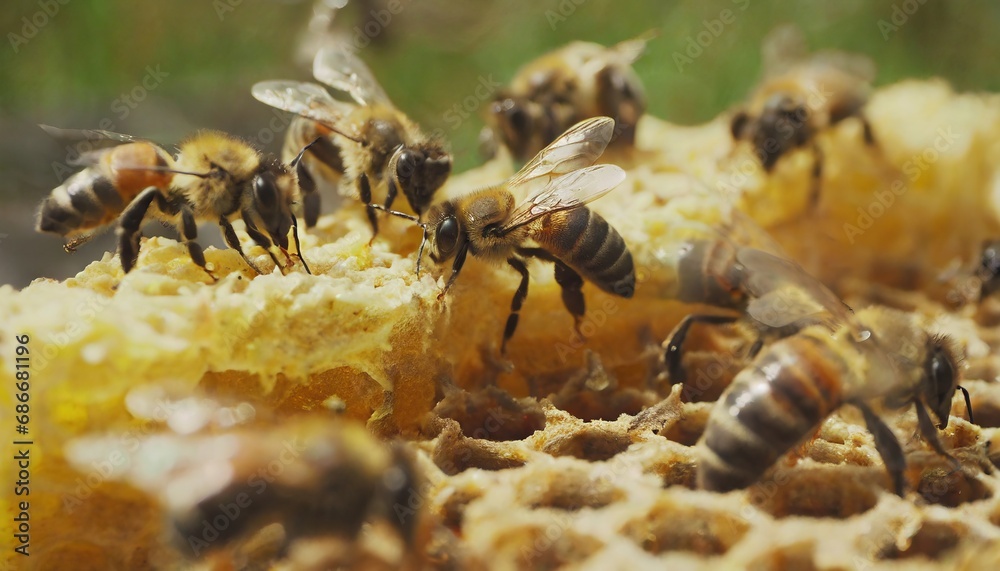 Many bees dig around on honeycombs in which there is honey Many bees dig around on honeycombs in which there is honey
