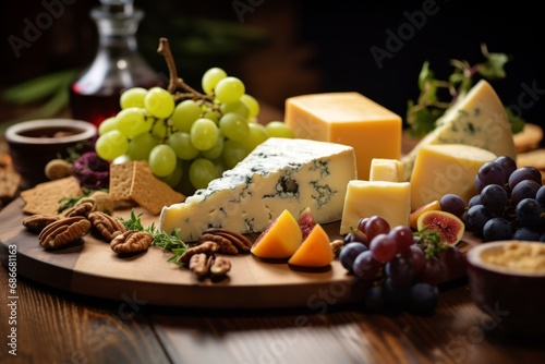 An enticing display of various cheese types, complemented by grapes and nuts, on a vintage wooden board