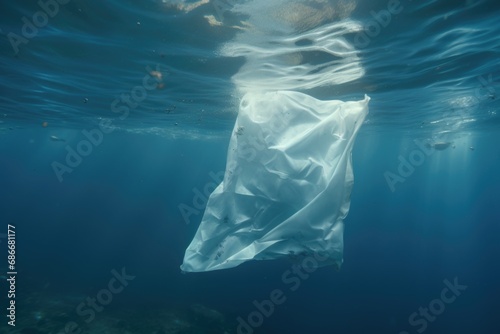 A plastic bag is seen floating in the water. This image can be used to highlight the issue of pollution and the impact of single-use plastics on the environment